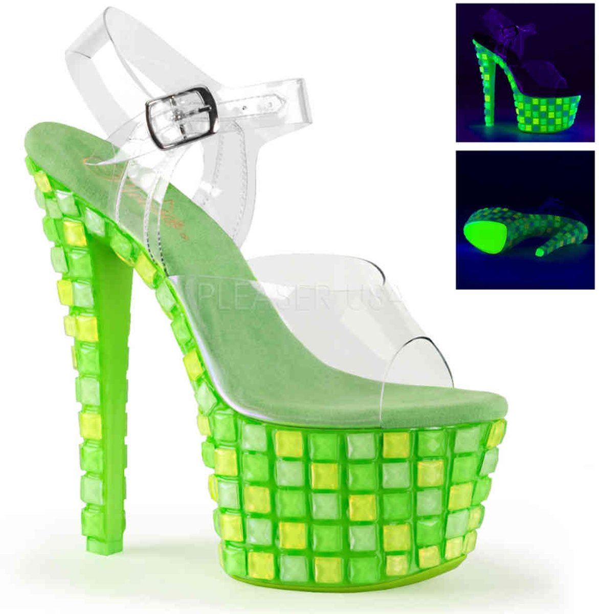 EU 36 = US 6 | SKY-308UVTL | *7 Heel, 2 3/4 PF Ankle Strap Sandal, Blacklight Reactive